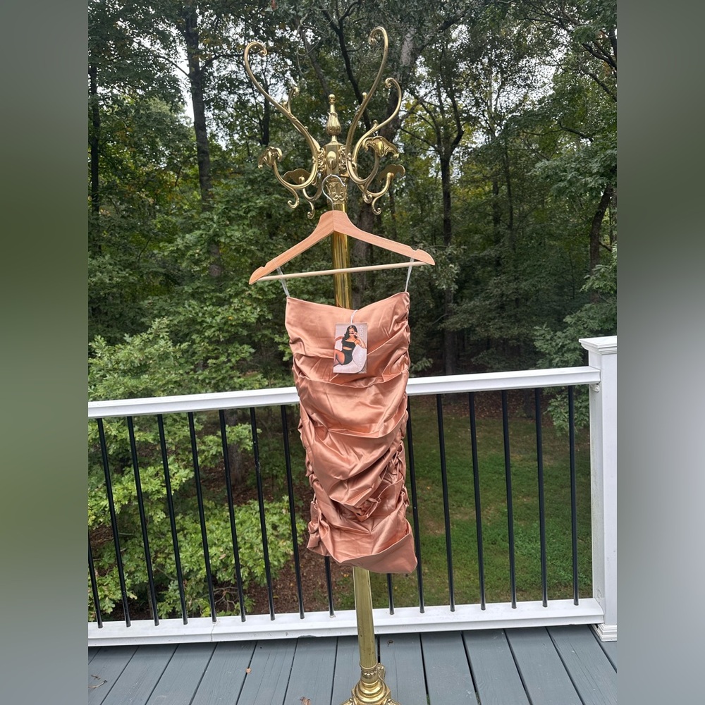 Naked Wardrobe Size Small Rosegold Elegant Strapless Satin Mini Bodycon Dress - Picture 7 of 11